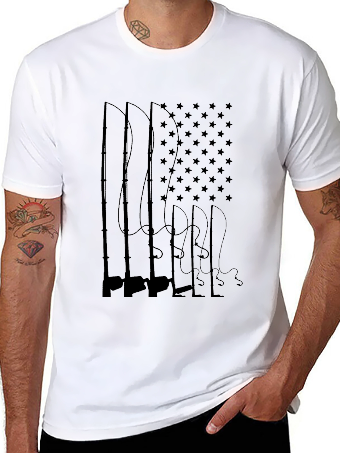 Black American Flag Fishing Rods T-Shirt view 8