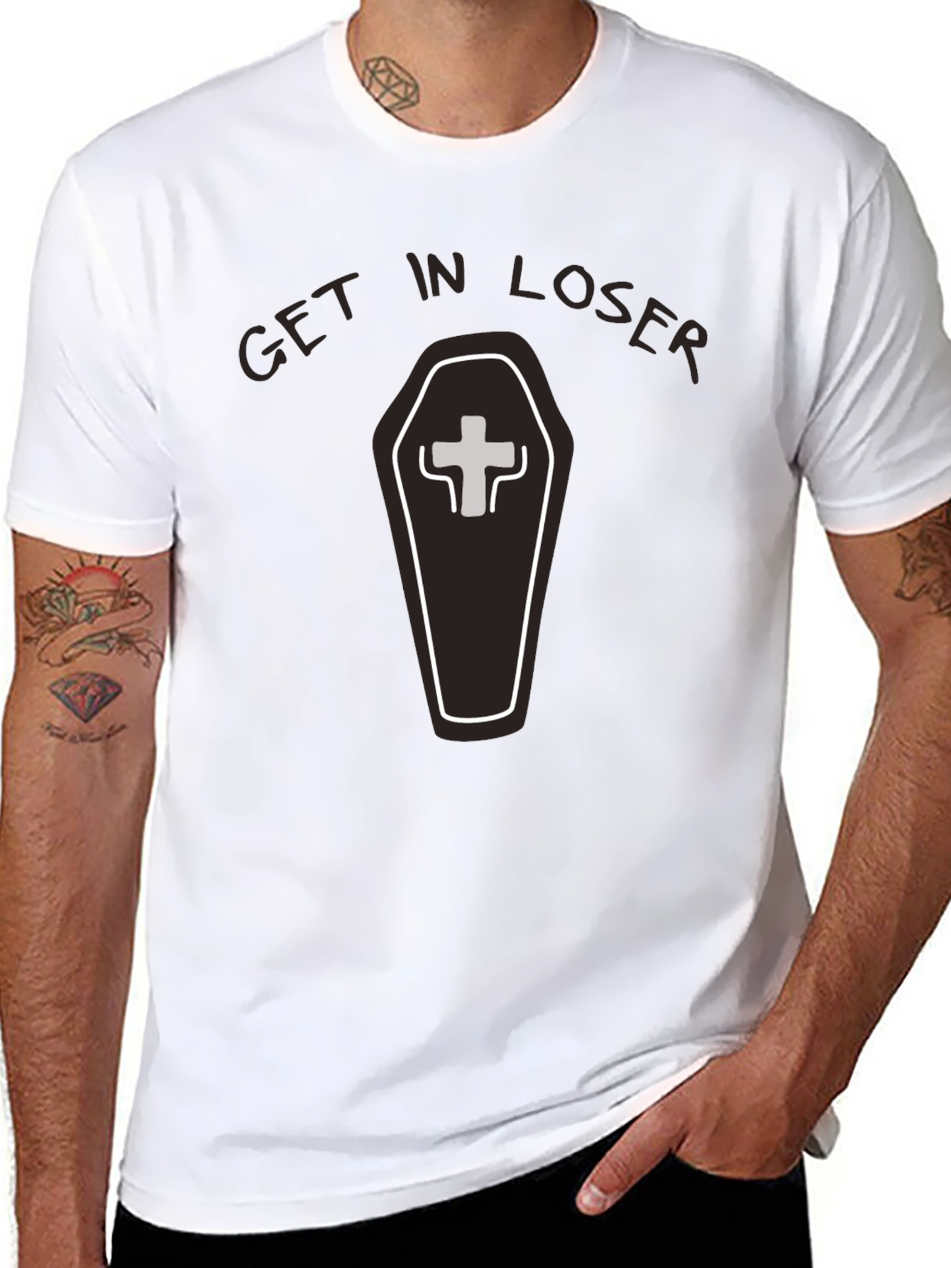 Black Get in Loser Coffin T-Shirt - Funny Graphic Tee view 8