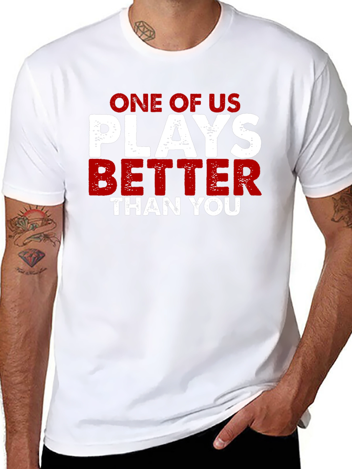 Black One of Us Plays Better Than You T-Shirt view 8