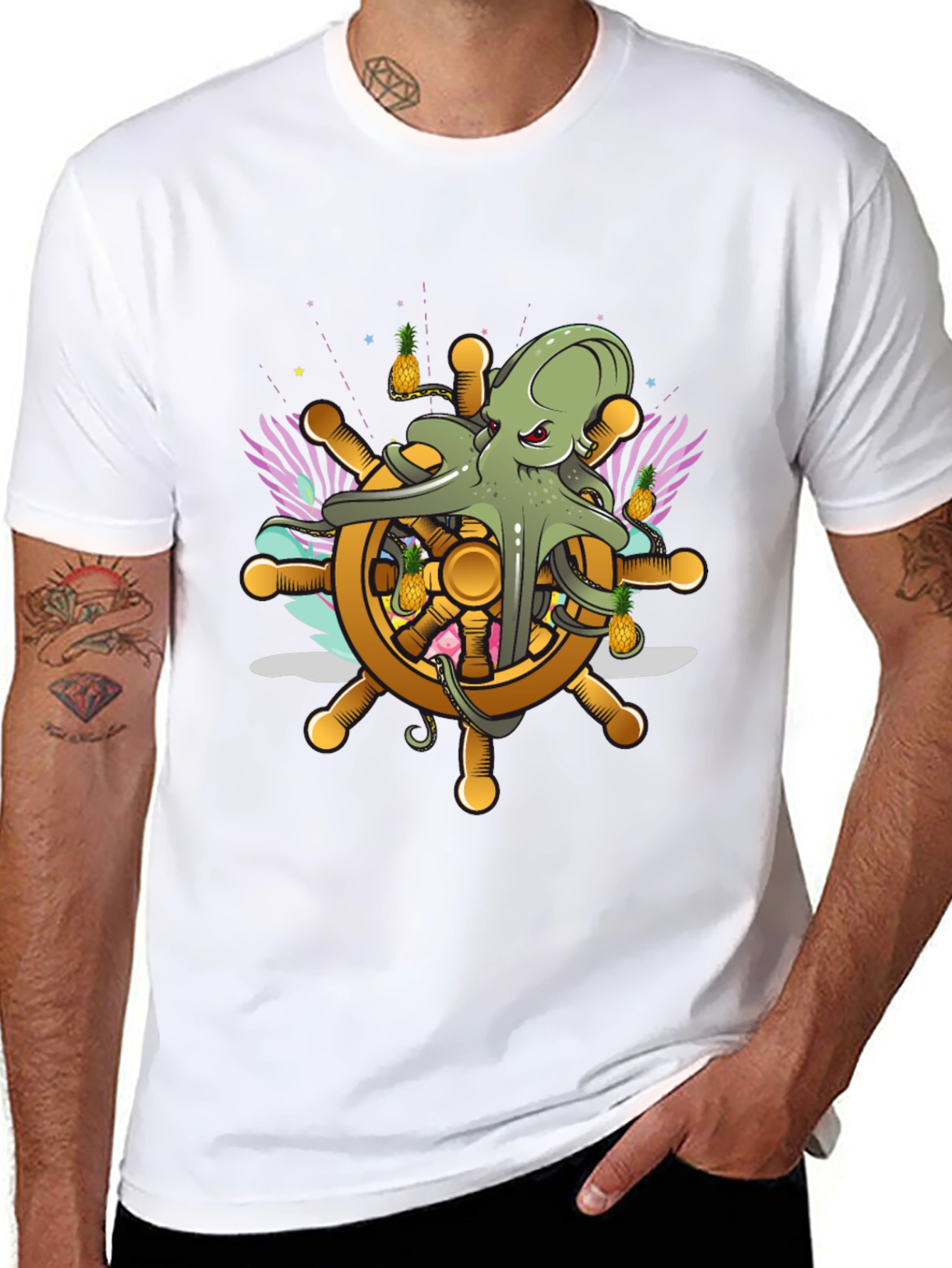 Black Octopus Ship Wheel Graphic Tee - Nautical T-Shirt view 8