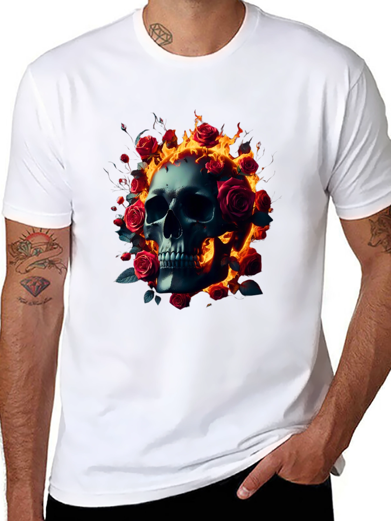 Black Skull Roses Flames T-Shirt - Dark Gothic Tee view 8