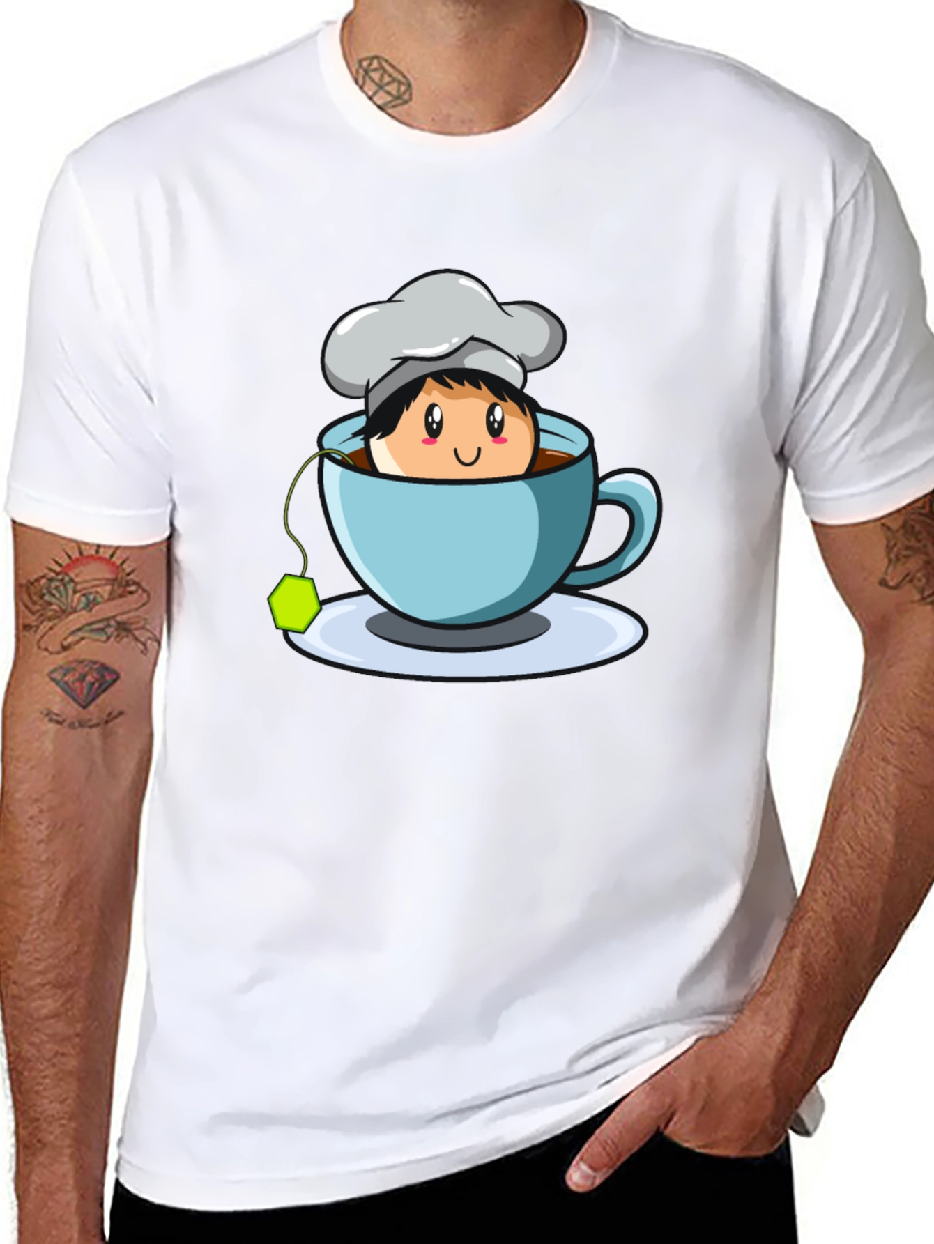 Black Chef Tea Cup Graphic T-Shirt - Cute Cartoon Design view 8