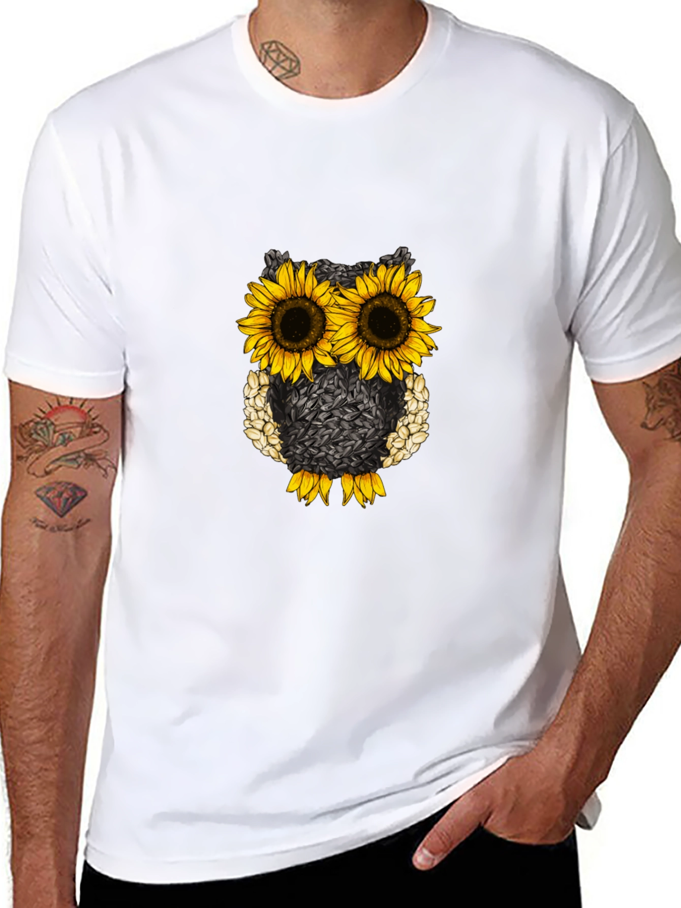 Black Sunflower Owl Graphic Tee - Black Cotton Blend view 8