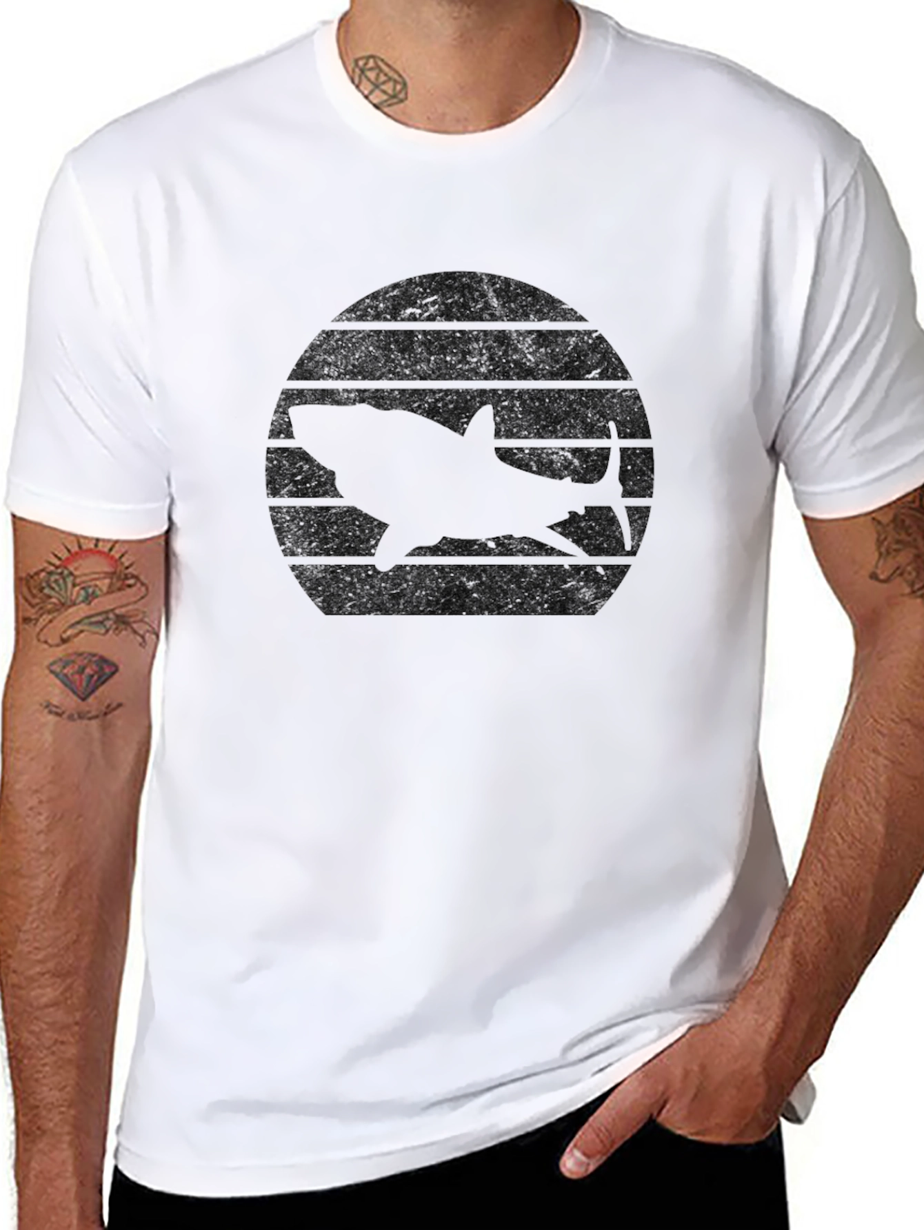 Black Retro Shark Sunset Black T-Shirt view 8