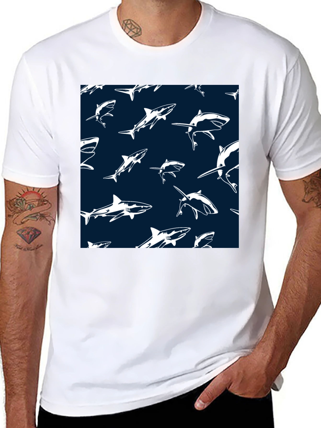 Black Shark Pattern T-Shirt - Cool Graphic Tee view 8