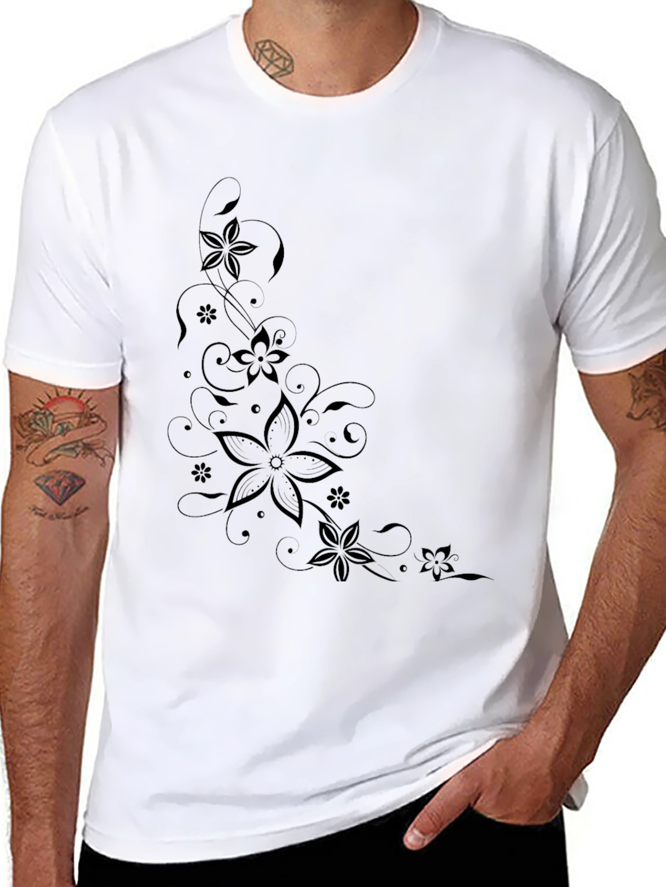 Black Floral Print Black T-Shirt | Modern Style view 8