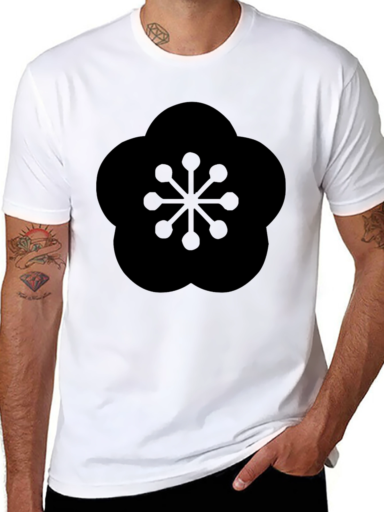 Black Black T-Shirt with Geometric Plum Blossom Design view 8