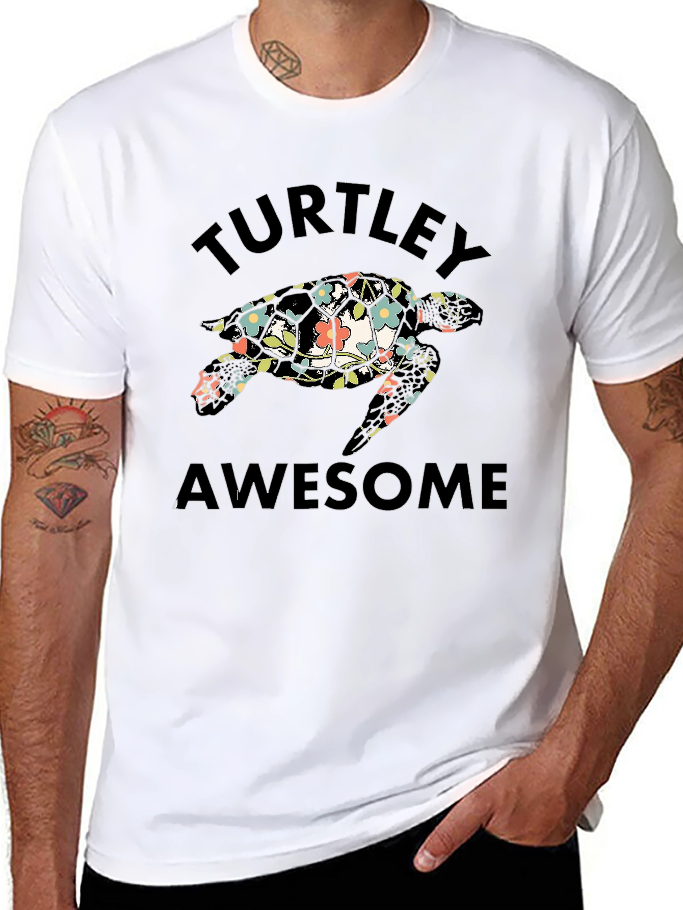 Black Turtley Awesome Floral Turtle Black T-Shirt view 8