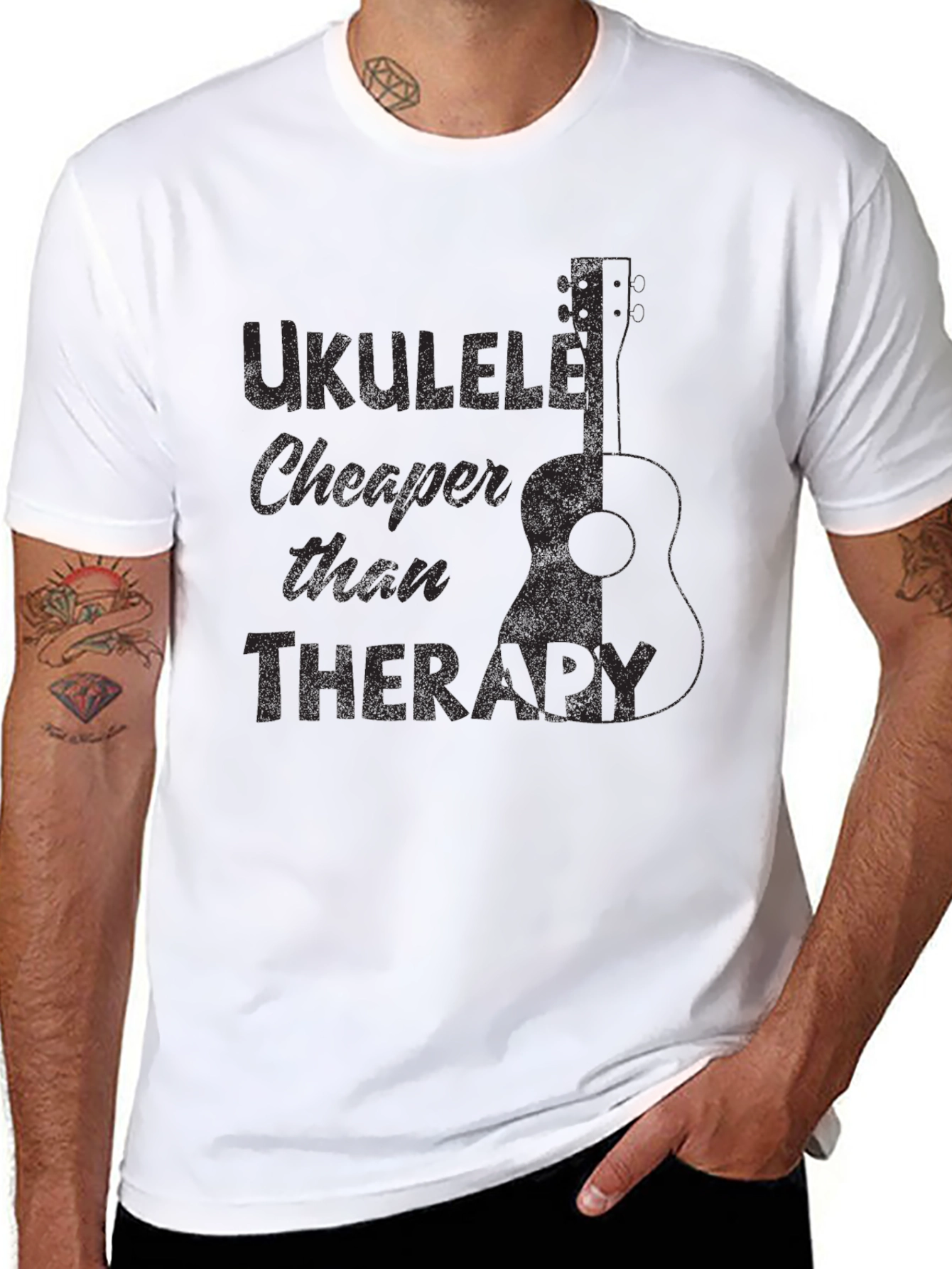 Black Ukulele Cheaper Than Therapy Black T-Shirt view 8