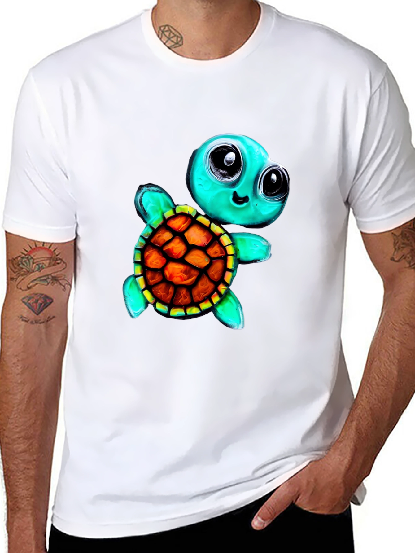 Black Cartoon Turtle Graphic Tee - Men's Black T-Shirt view 8