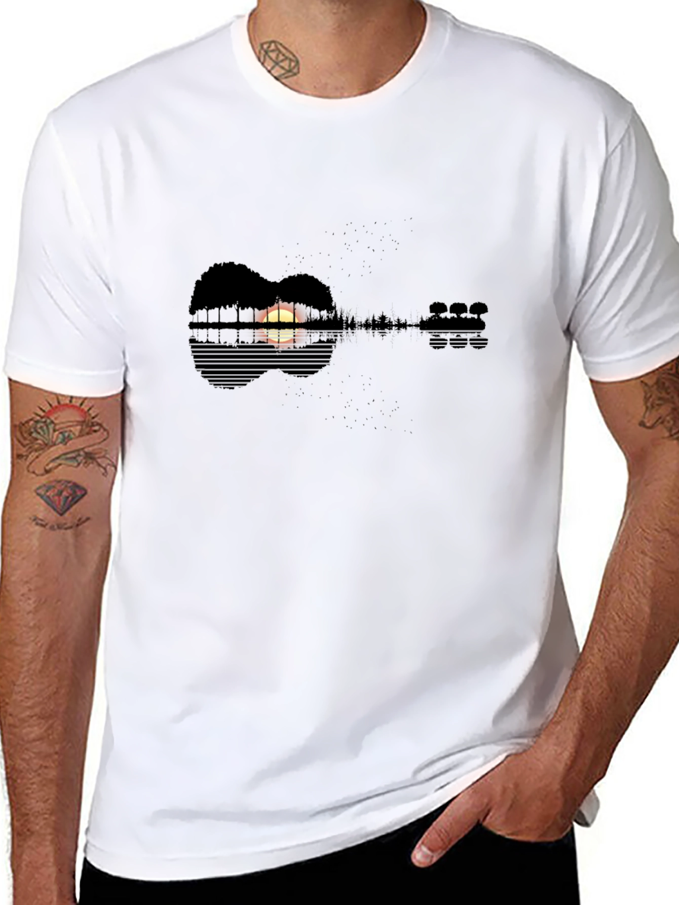 Black Guitar Sunset T-Shirt - Nature Music Lover Tee view 8