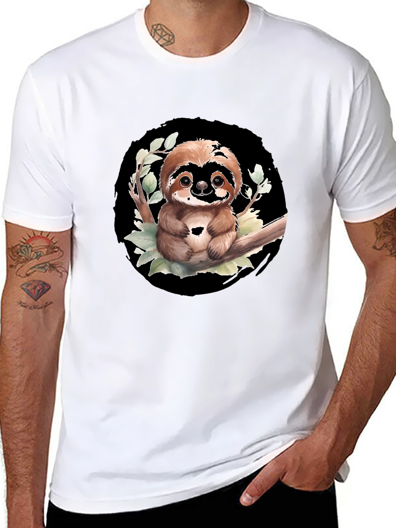 Black Cute Sloth on Branch Graphic Tee - Black T-Shirt view 8