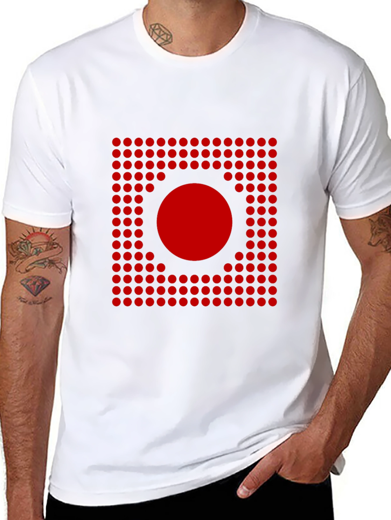 Black Geometric Red Dot Pattern T-Shirt view 8