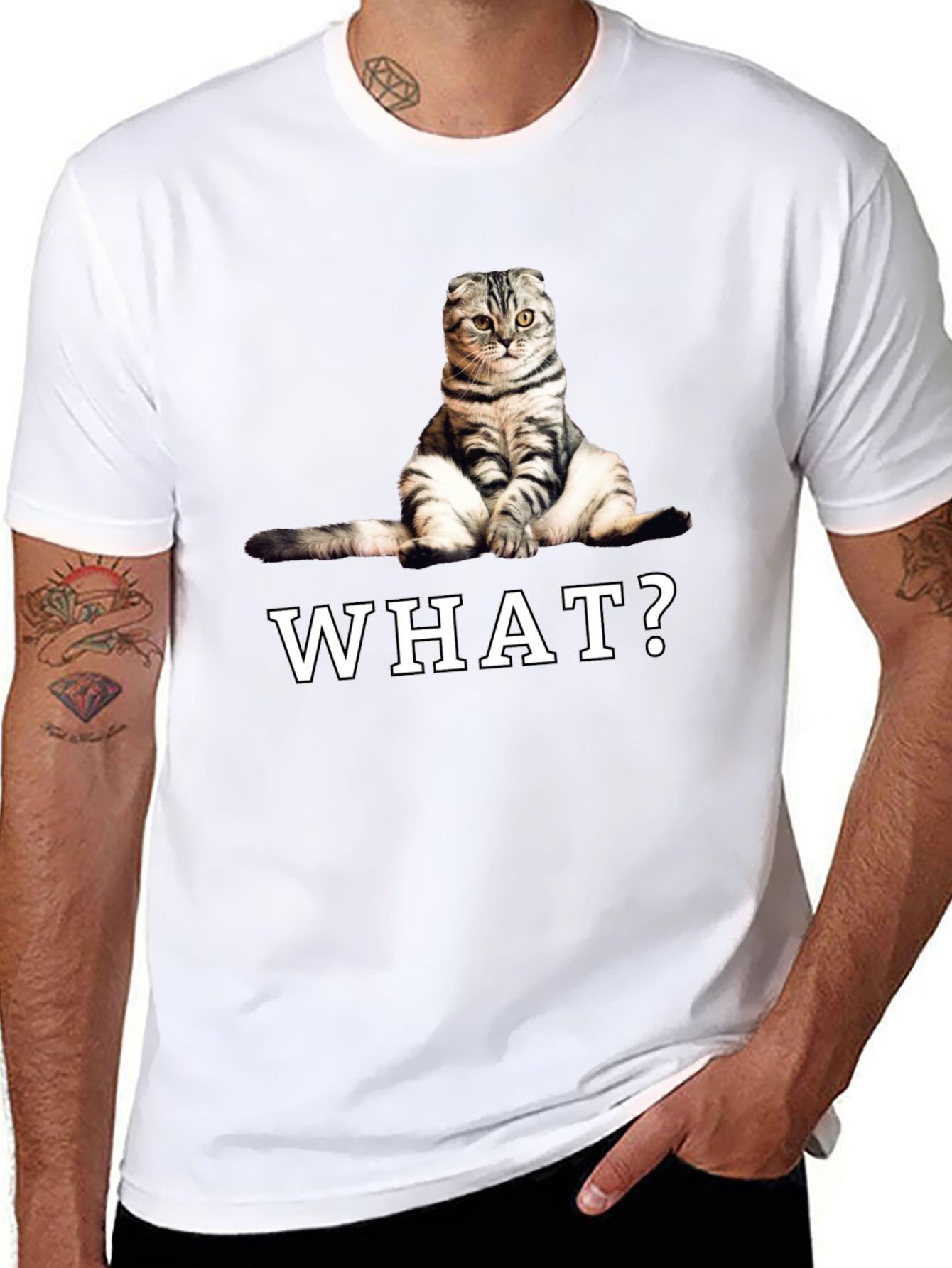 Black Funny Cat "What?" Graphic T-Shirt view 8