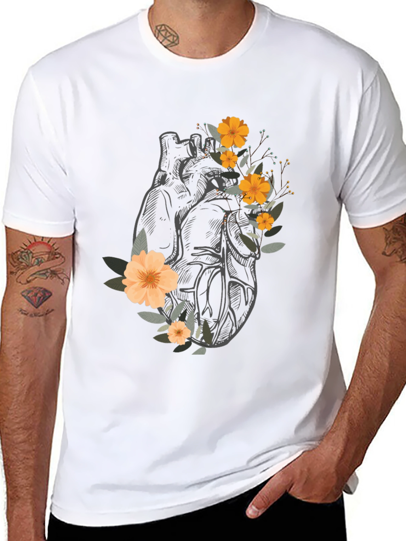 Black Anatomical Heart Floral Graphic Tee - Black view 8