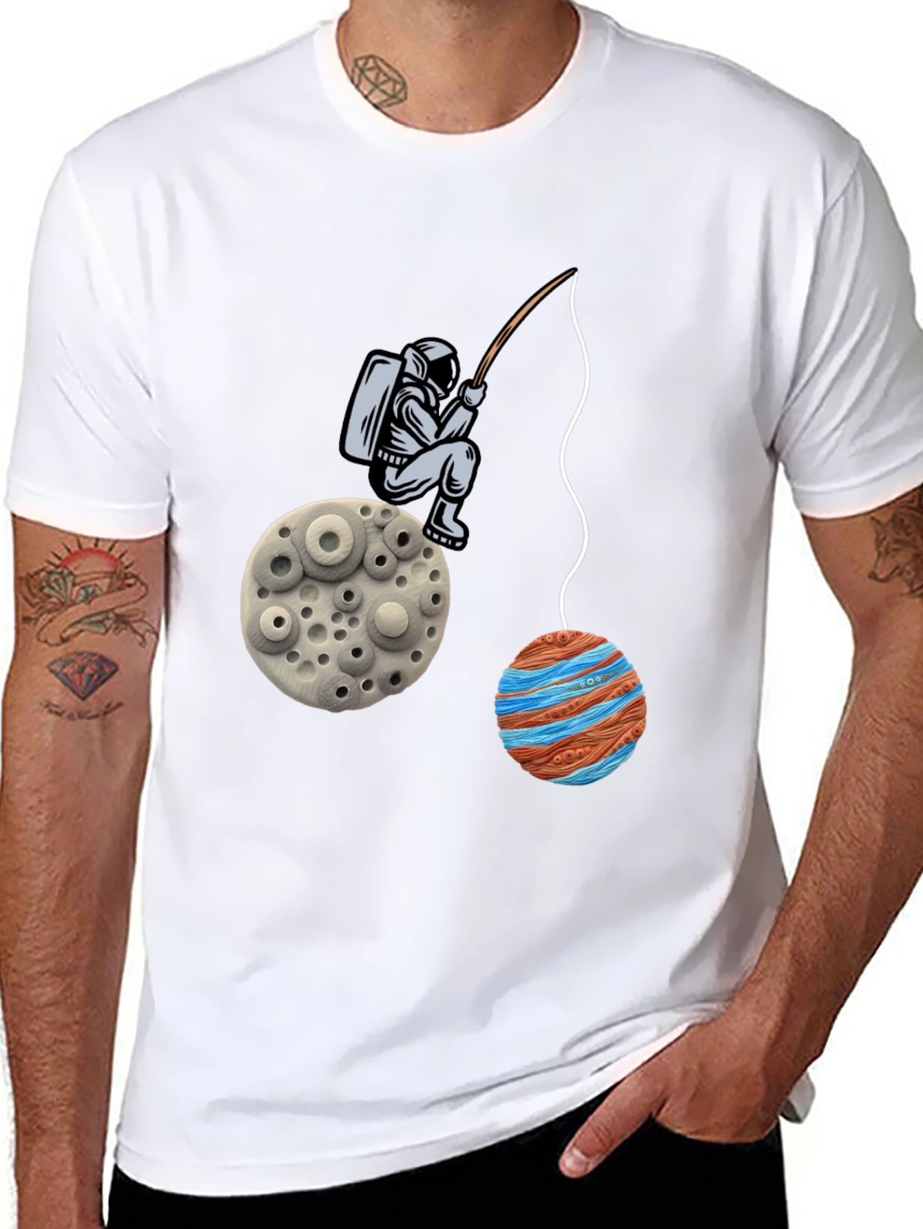 Black Astronaut Fishing Planet Graphic T-Shirt view 8