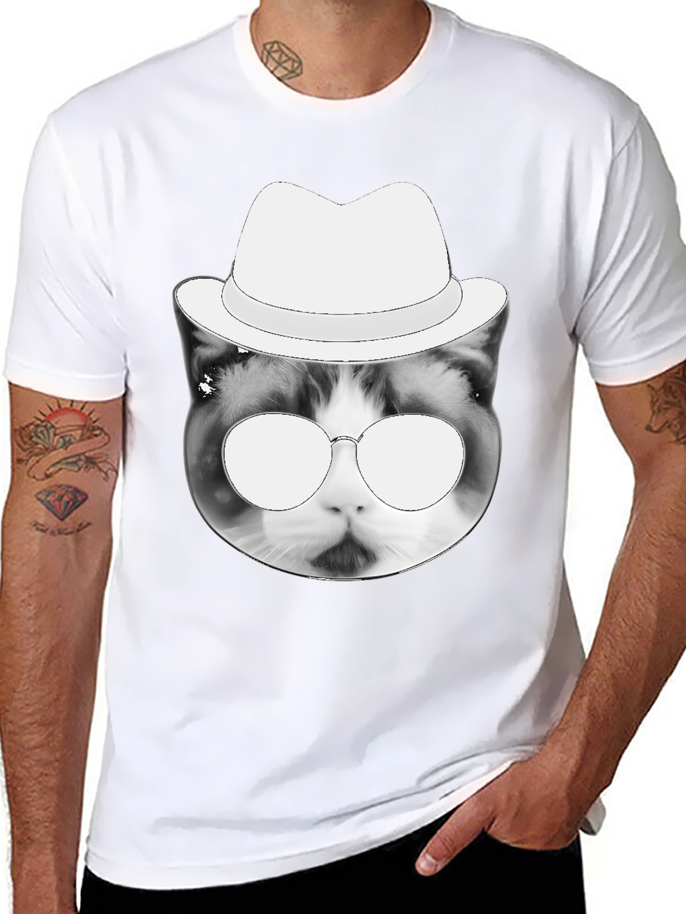 Black Cool Cat Tee: Black T-Shirt with Cat in Hat Graphic view 8