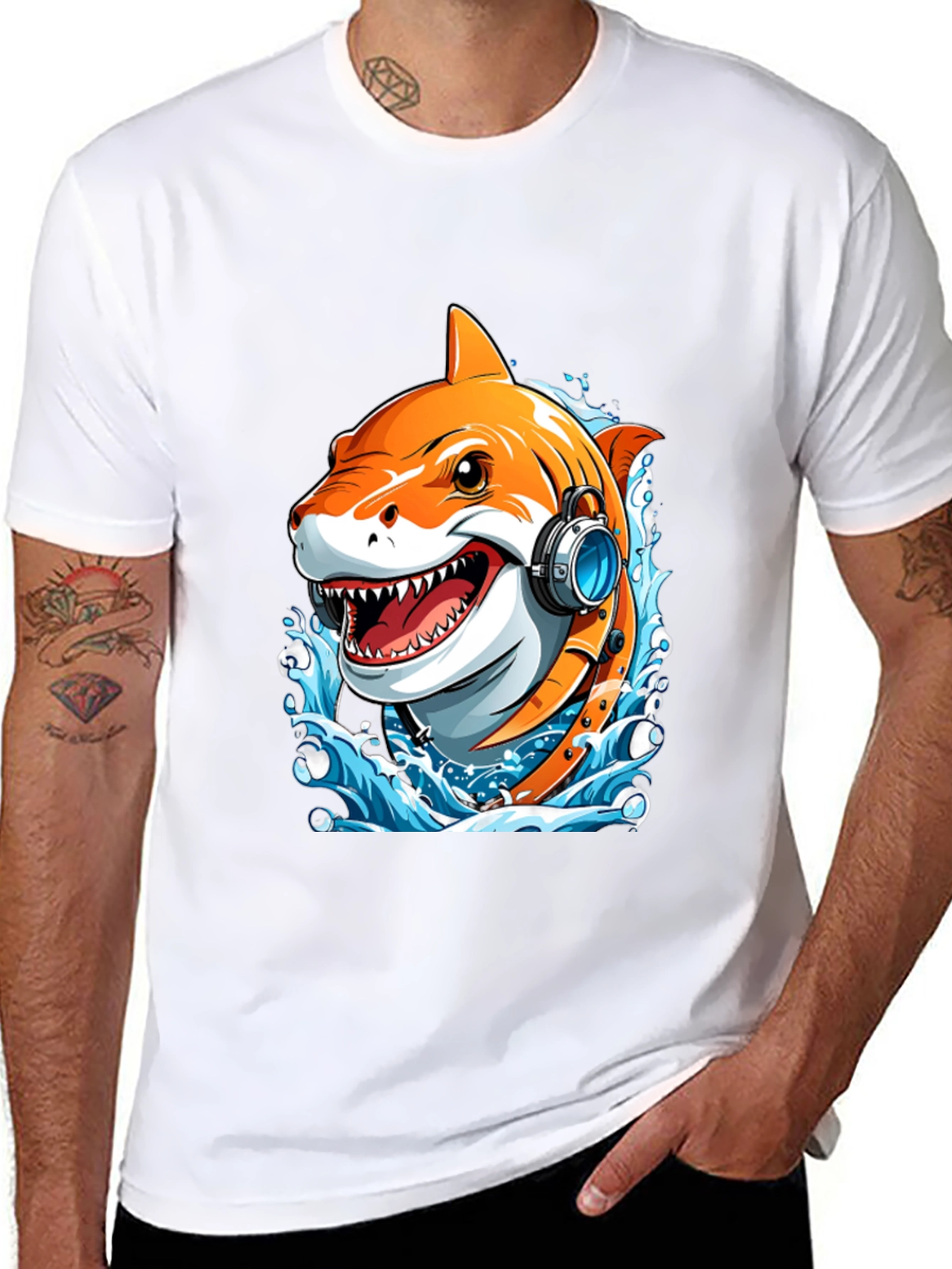 Black Cool Shark Headphones Graphic Tee view 8