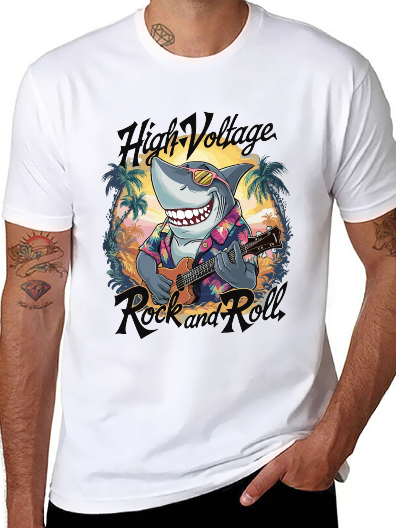 Black High Voltage Rock Shark T-Shirt view 8