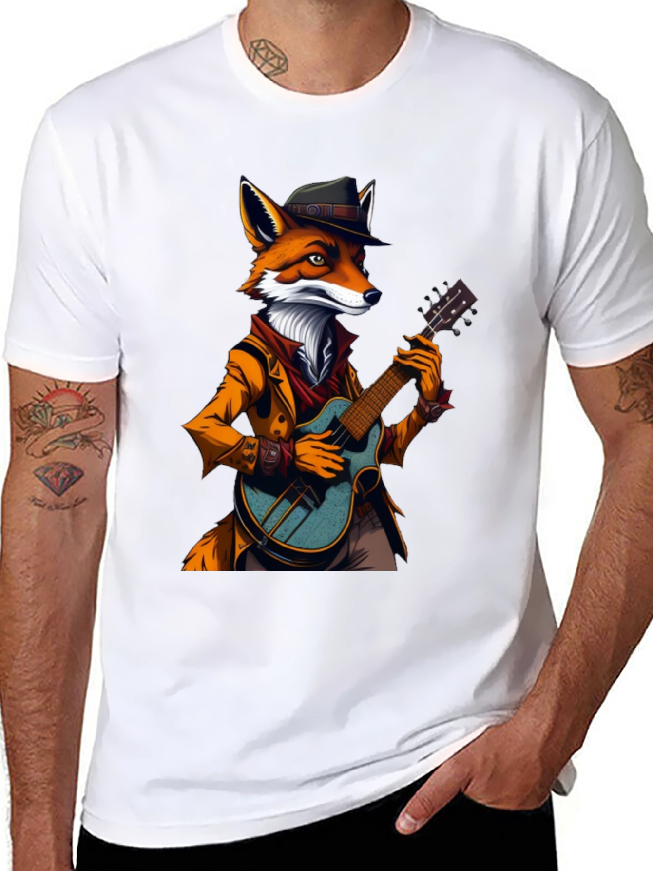 Black Fox Musician Graphic Tee - Cool Animal Shirt view 8
