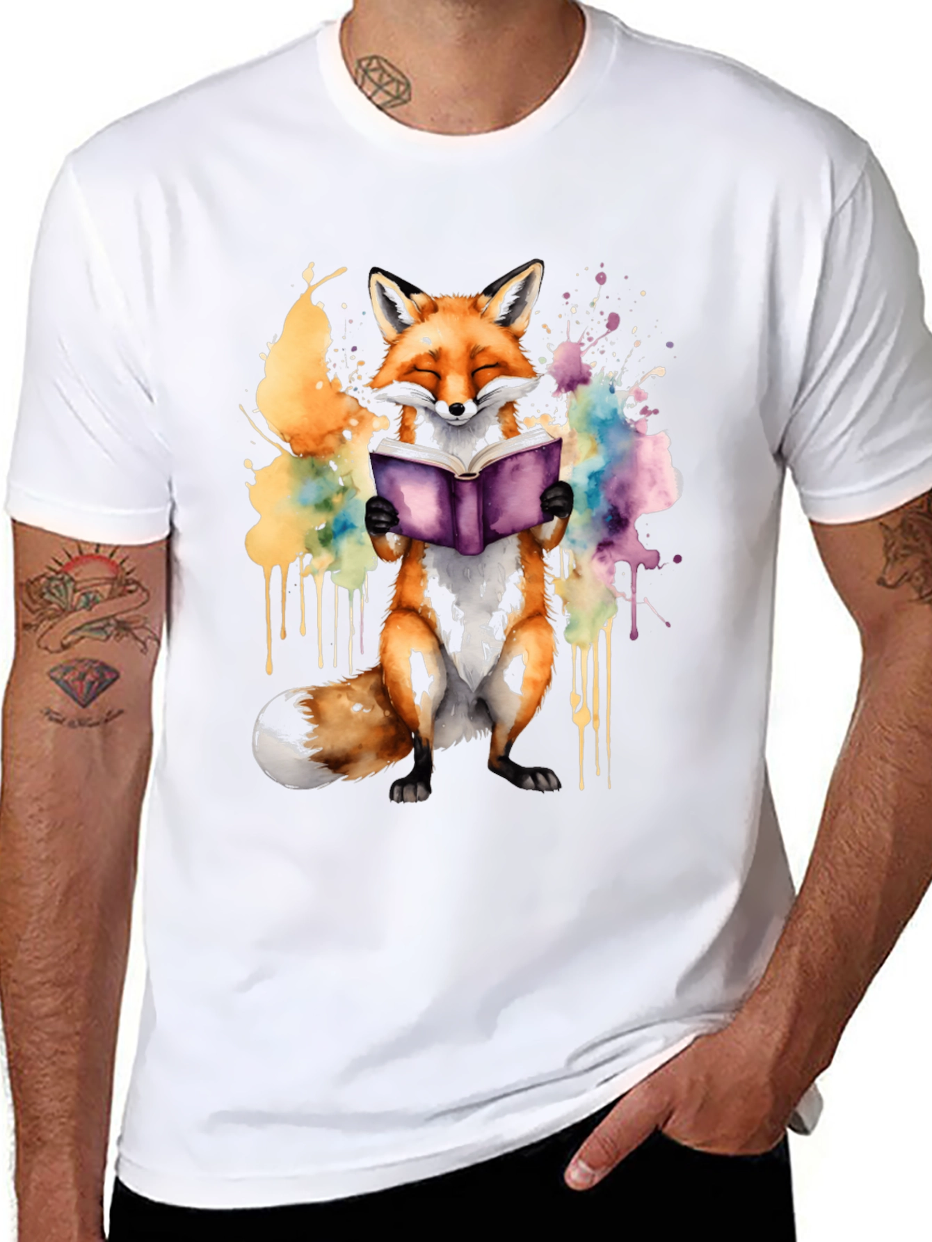 Black Fox Reading Book T-Shirt - Watercolor Design view 8