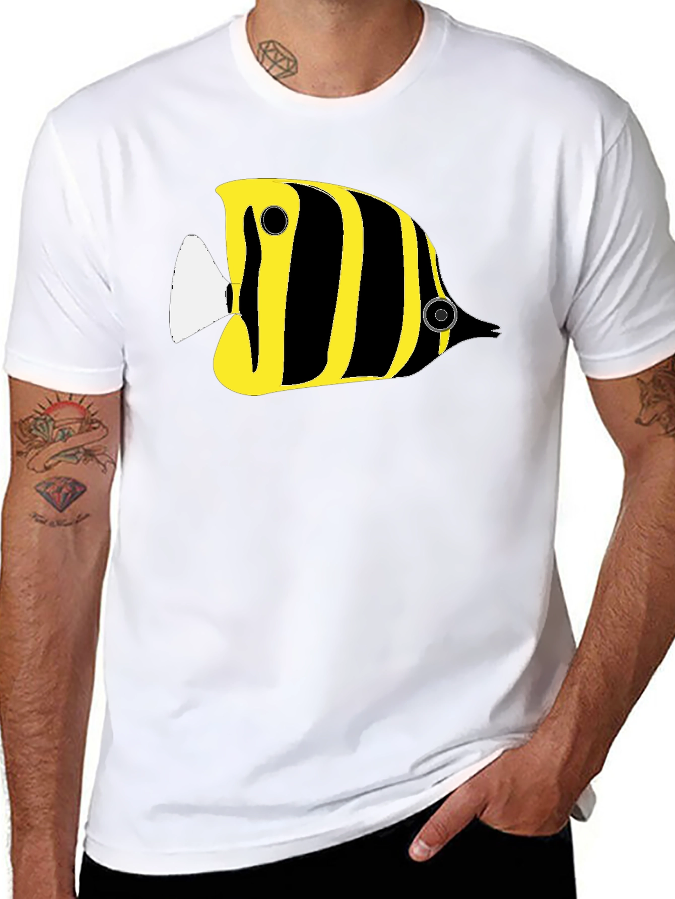 Black Black T-Shirt with Yellow Striped Fish Graphic view 8