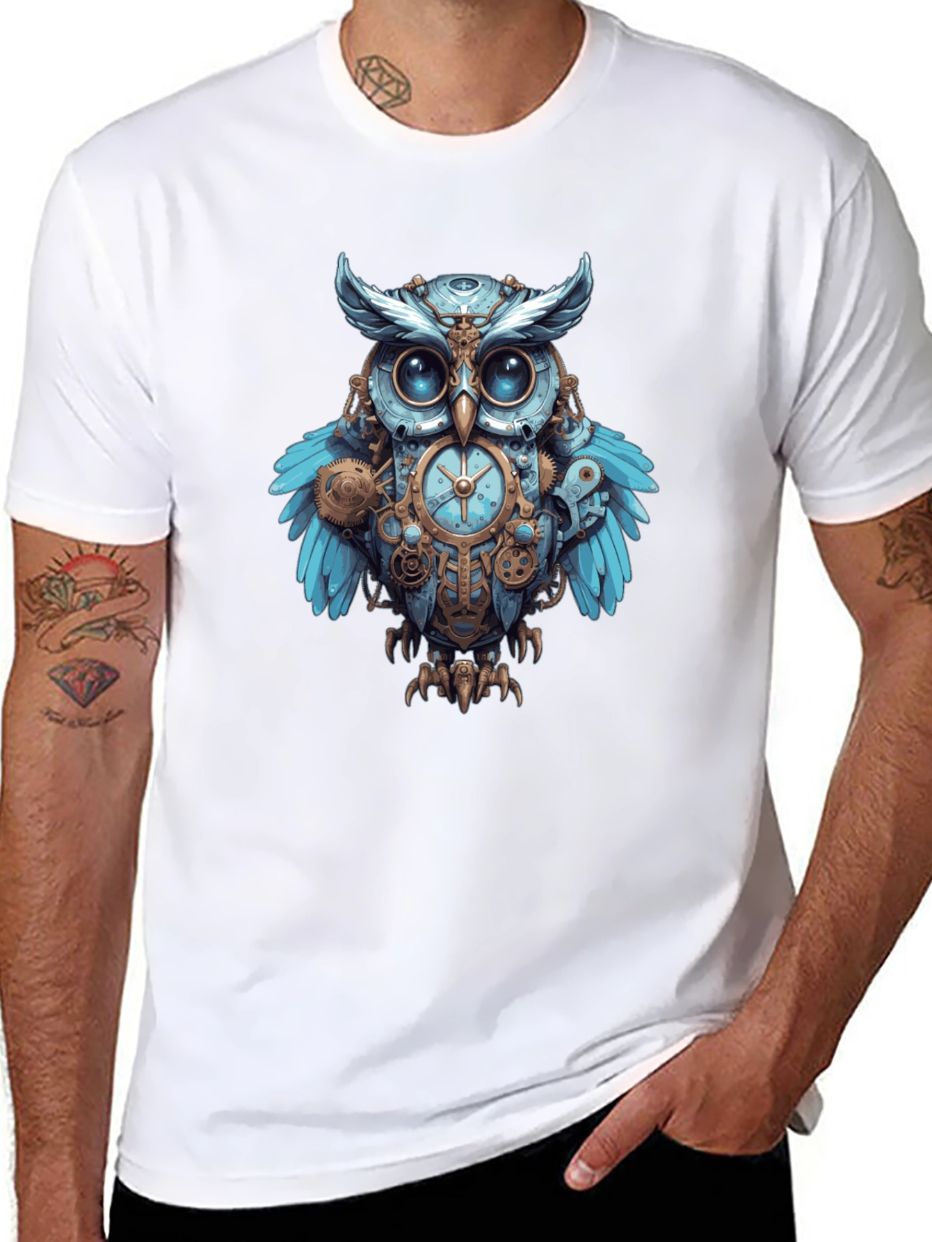Black Steampunk Owl Graphic Print Men's T-Shirt view 8