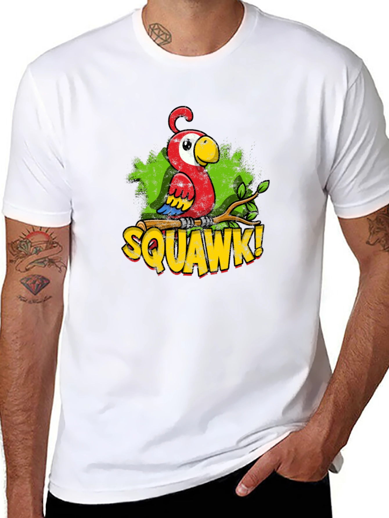 Black Funny Parrot Graphic T-Shirt - SQUAWK! Cartoon Bird Tee view 8