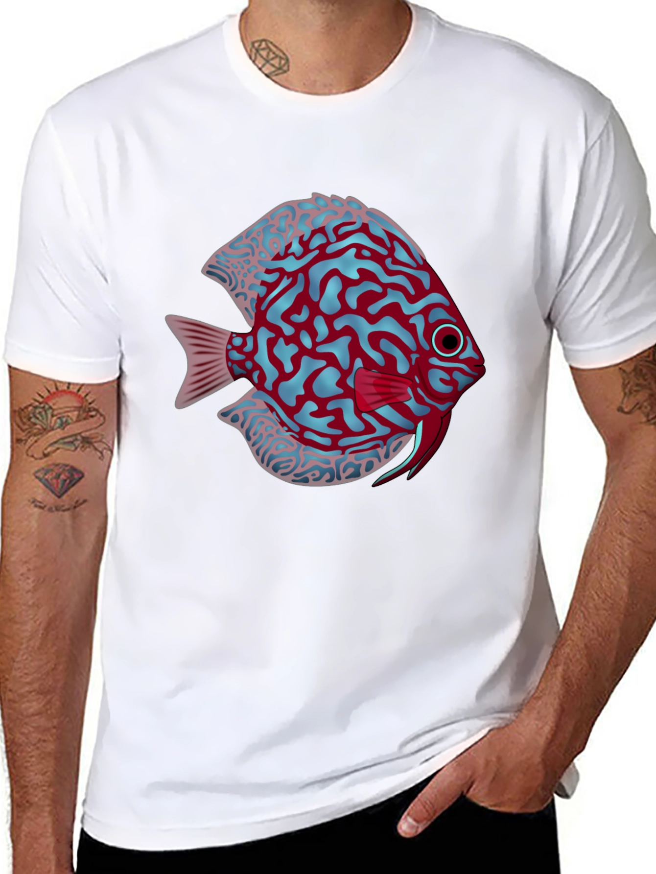 Cool Graphic Fish Print Black Tee - 8