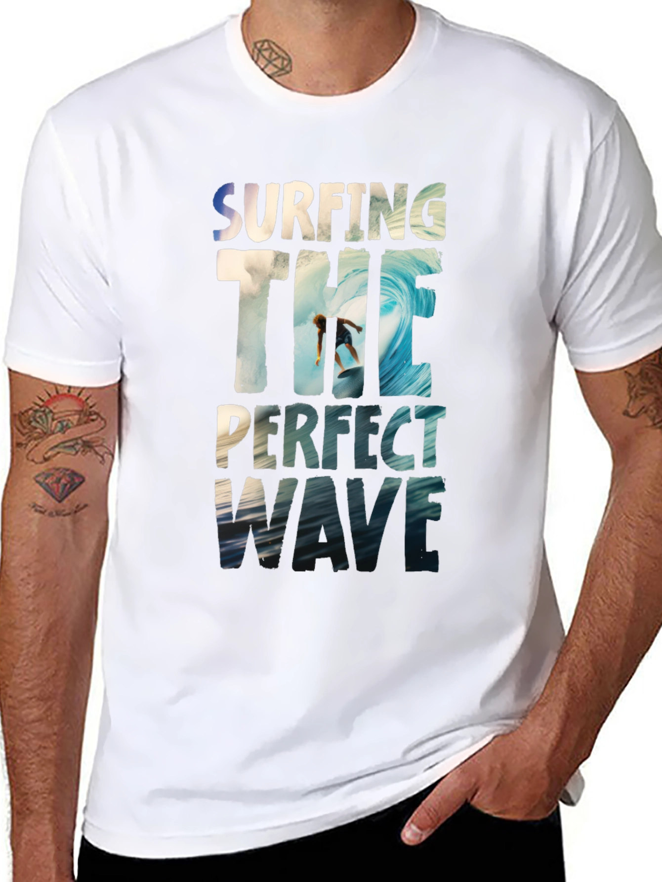 Black Surfing The Perfect Wave Black Graphic T-Shirt view 8
