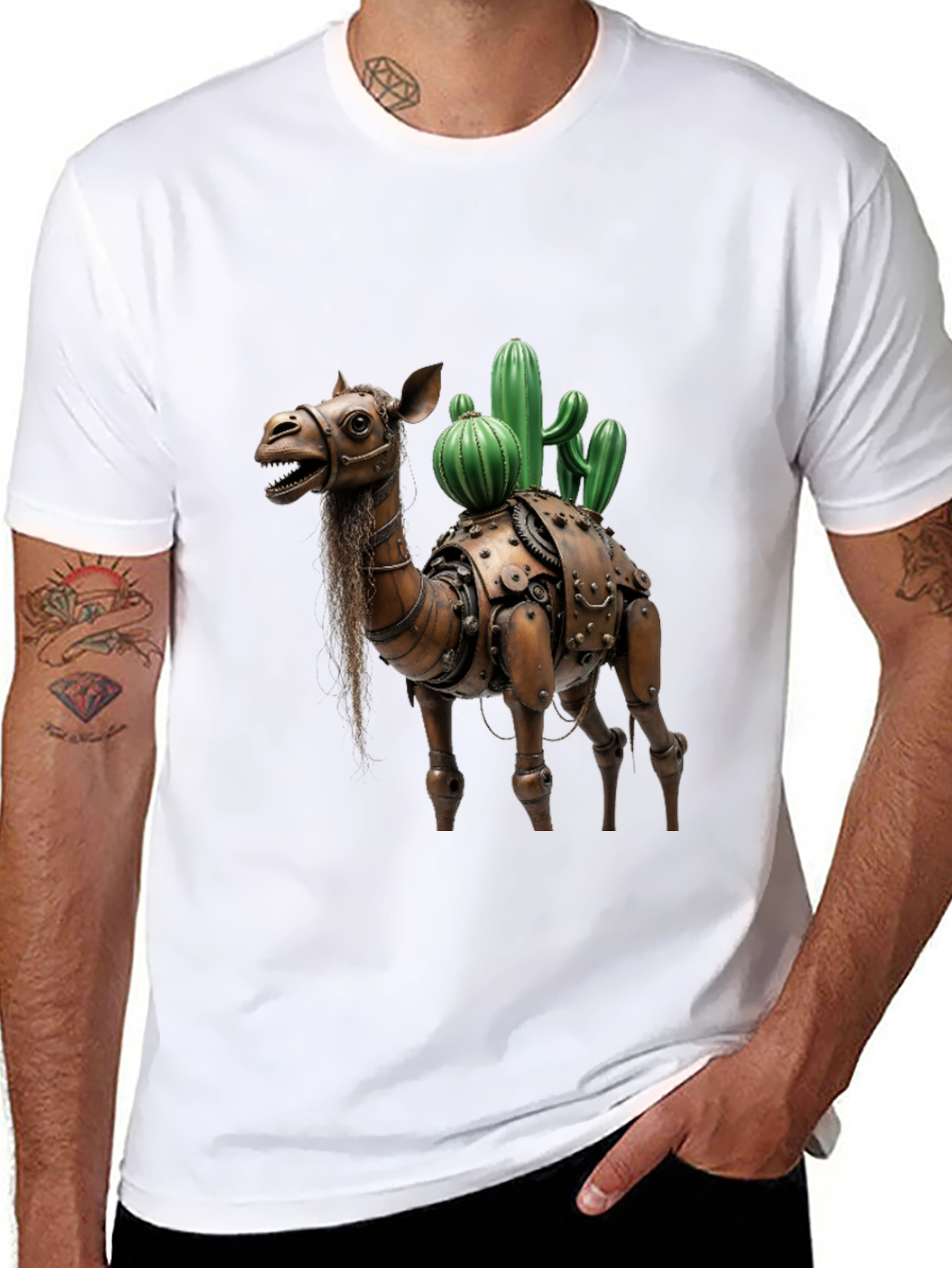 Black Steampunk Camel Cactus Graphic T-Shirt view 8