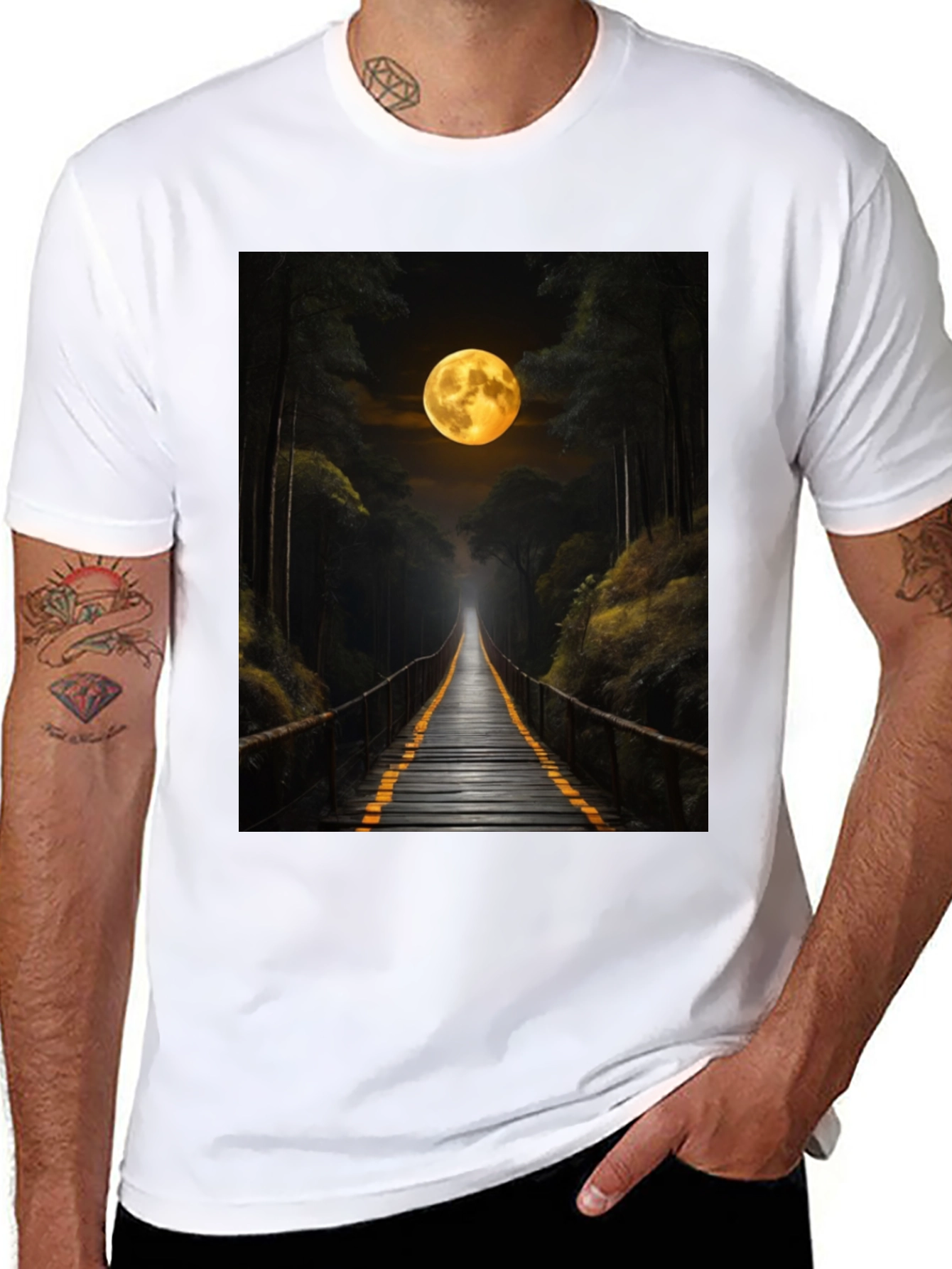 Black Moonlit Forest Bridge Graphic Tee view 8
