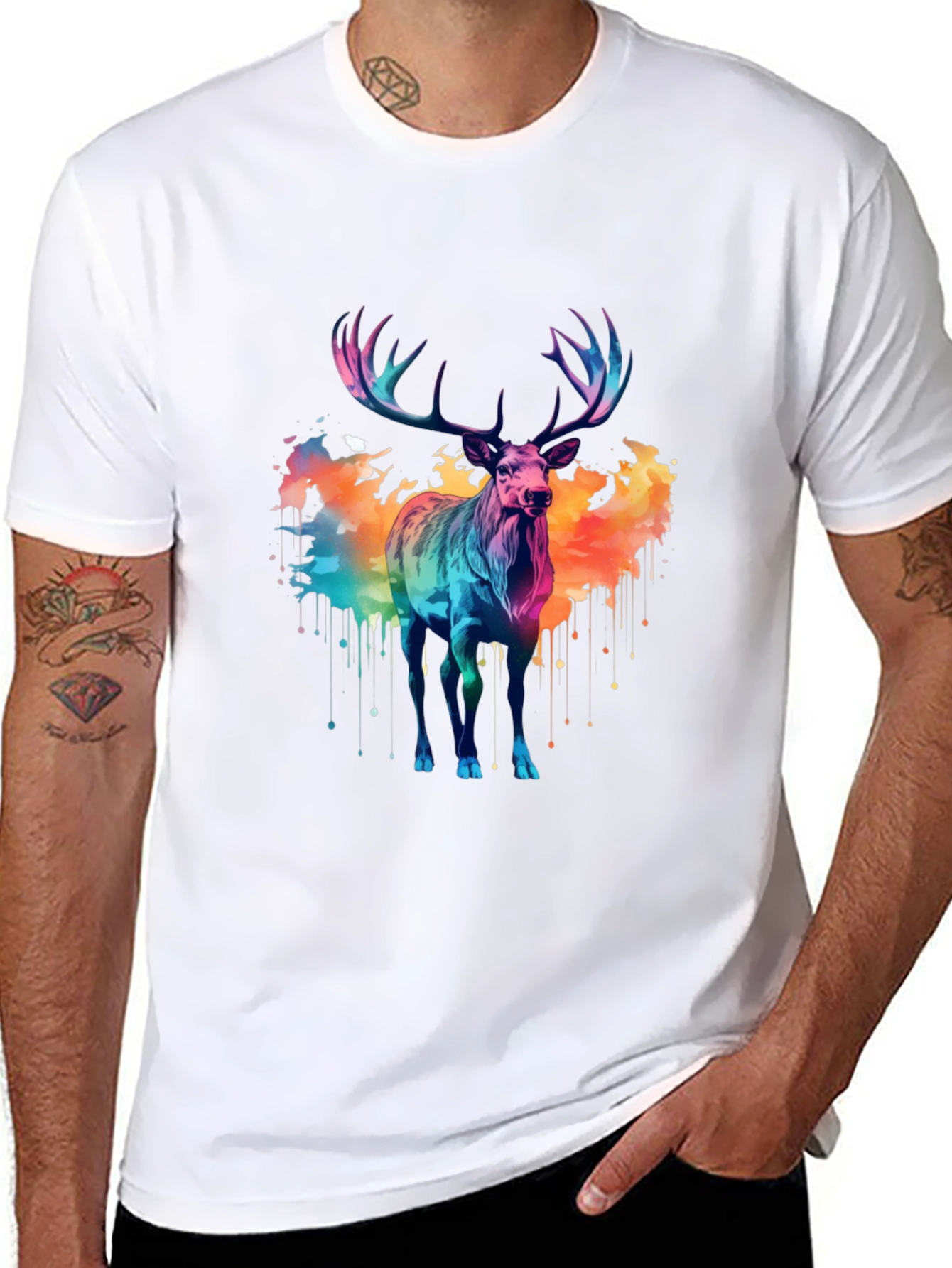 Black Colorful Watercolor Stag Graphic Tee view 8