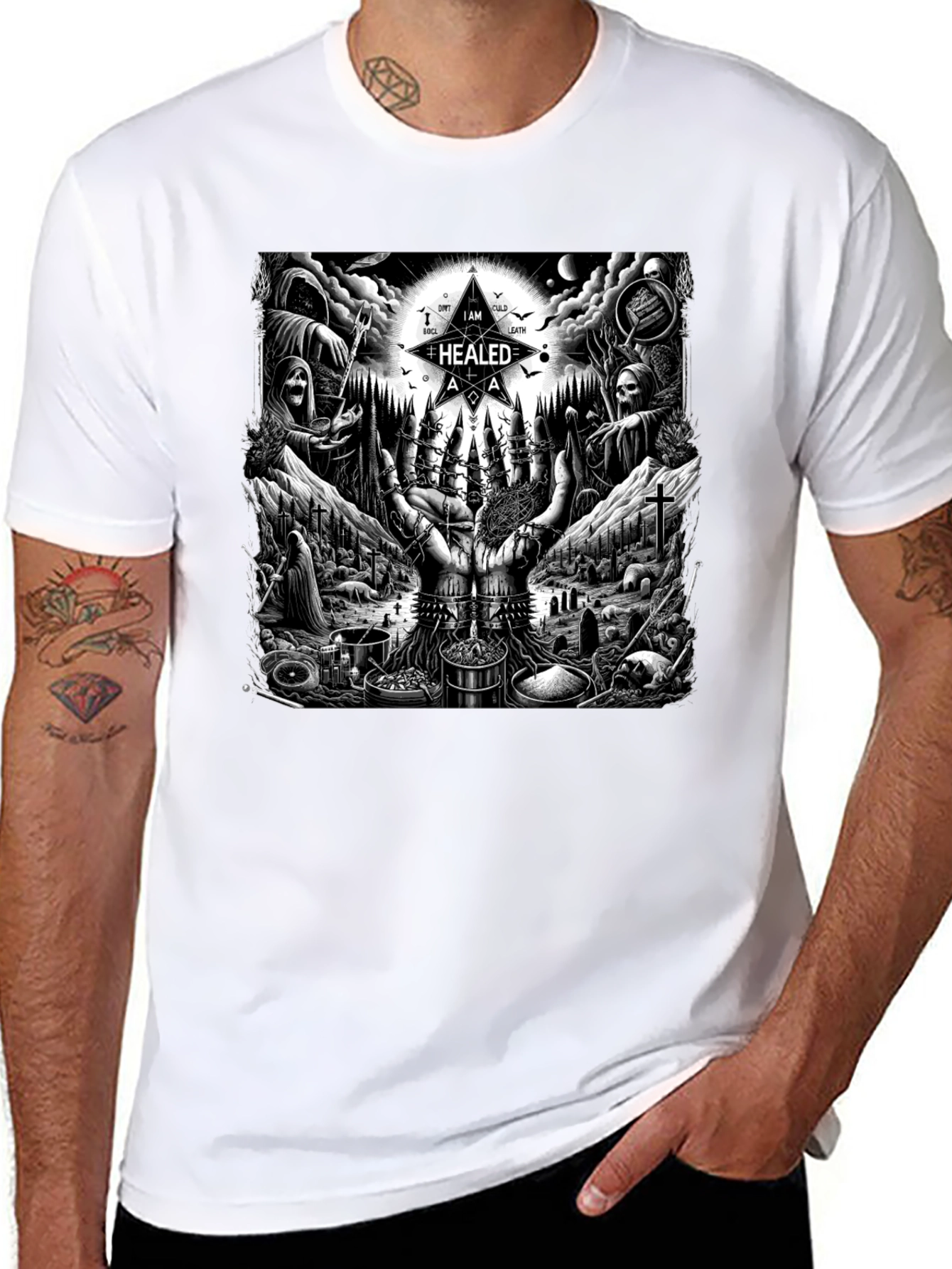 Black Occult Ritual Graphic T-Shirt - Dark Aesthetic Tee view 8