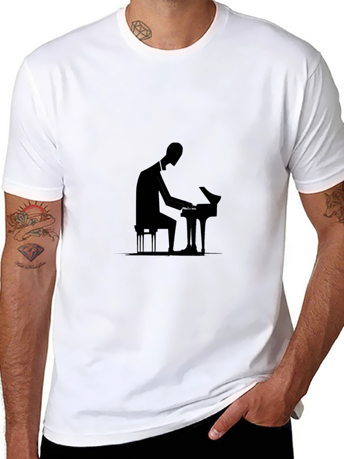 Black Stylish Black T-Shirt - Piano Player Silhouette Design view 8