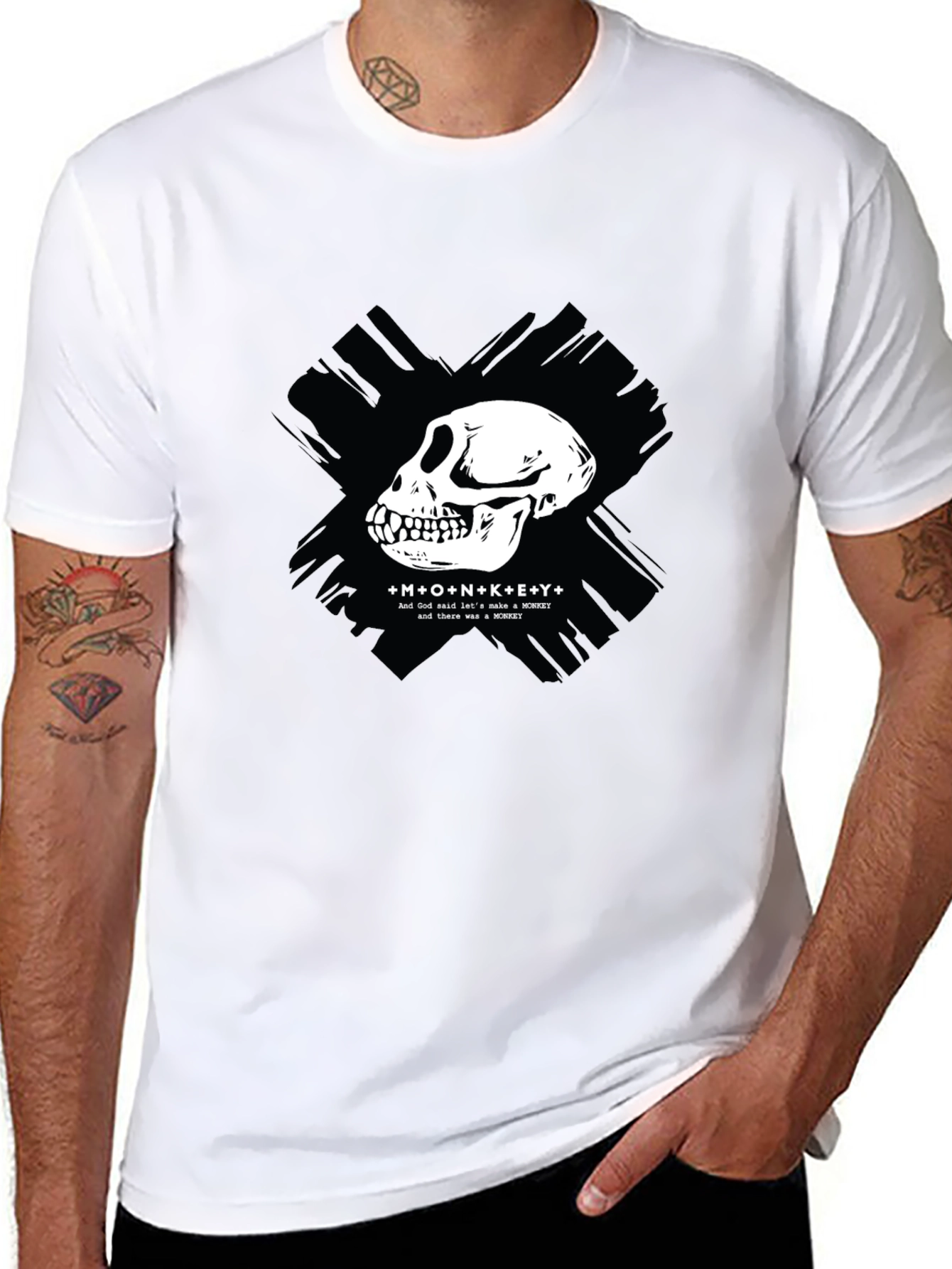 Black Monkey Skull Graphic T-Shirt - Crew Neck, Black view 8
