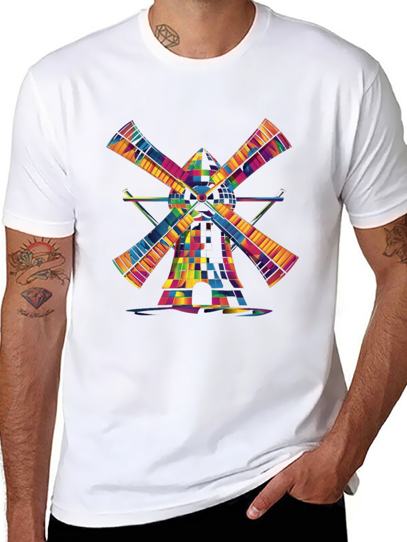 Black Colorful Windmill Graphic Tee - Modern Art Shirt view 8