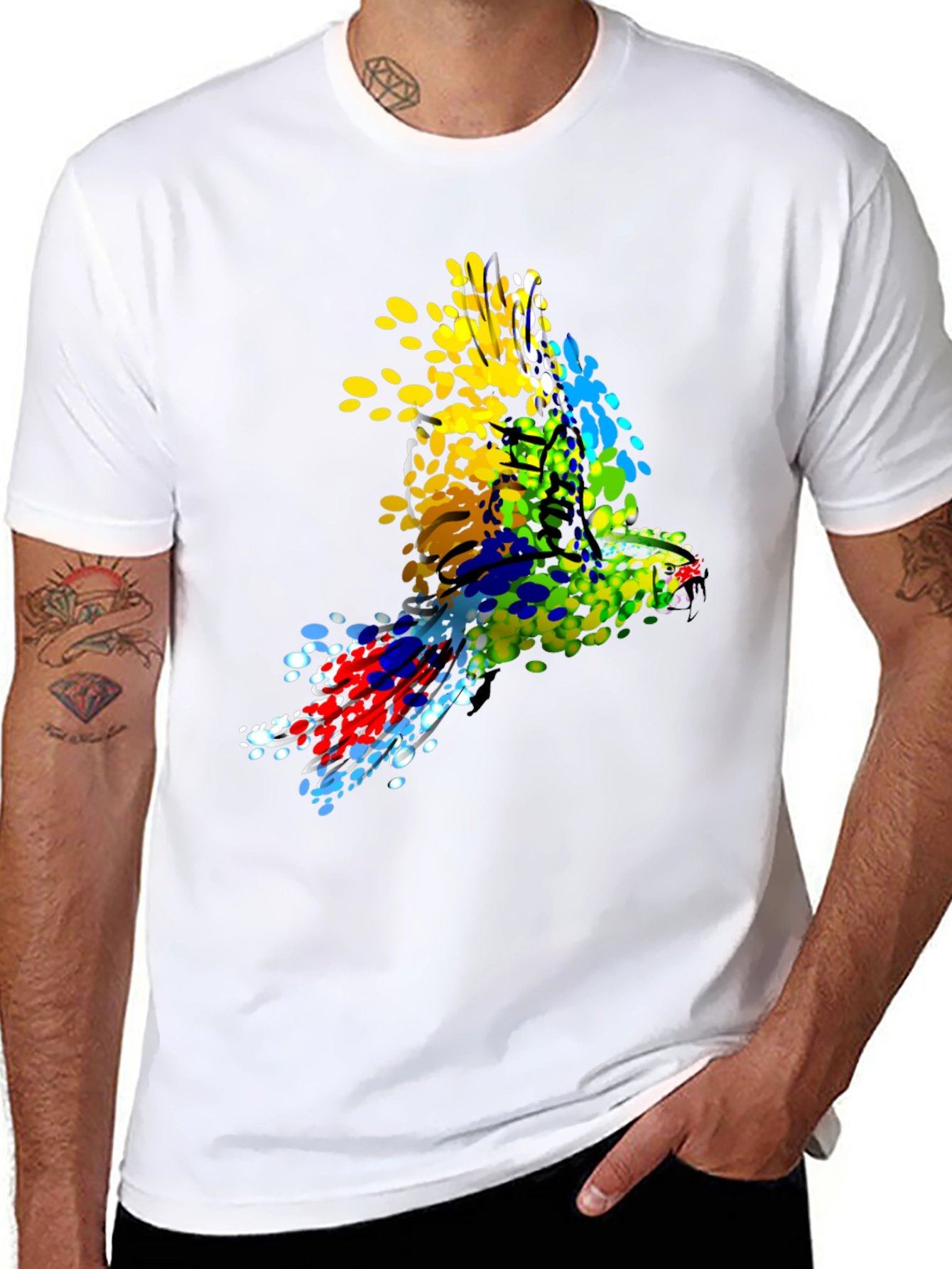 Black Parrot Splatter Art Men's Black T-Shirt view 8