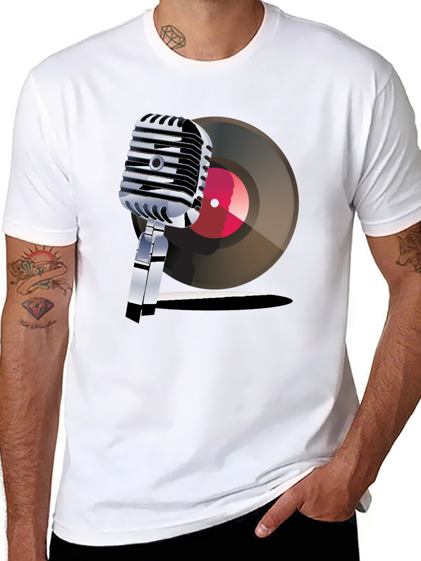 Black Retro Microphone & Record Graphic Tee view 8