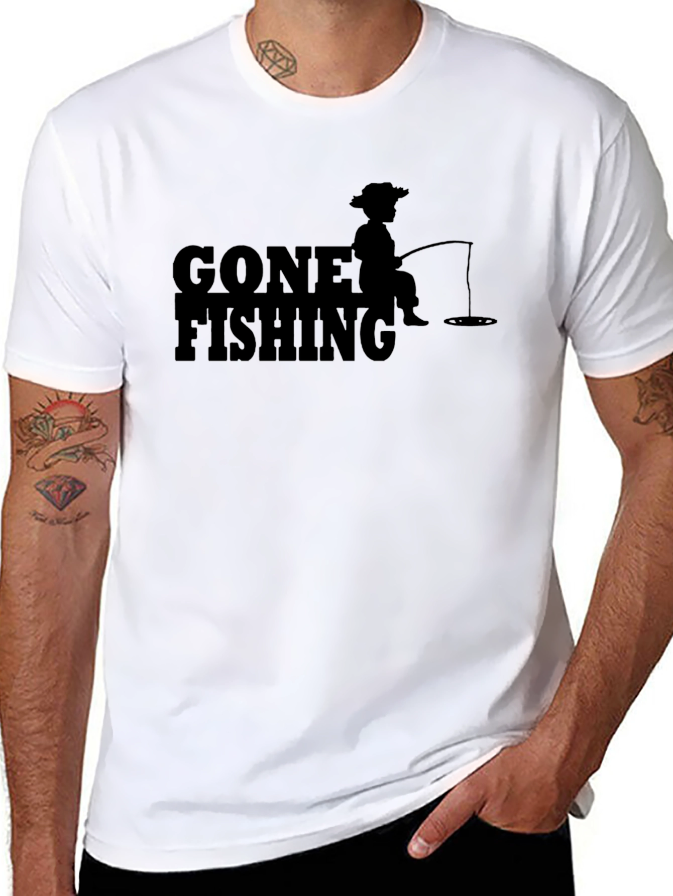 Black Gone Fishing Graphic T-Shirt - Solid Black Casual Tee view 8