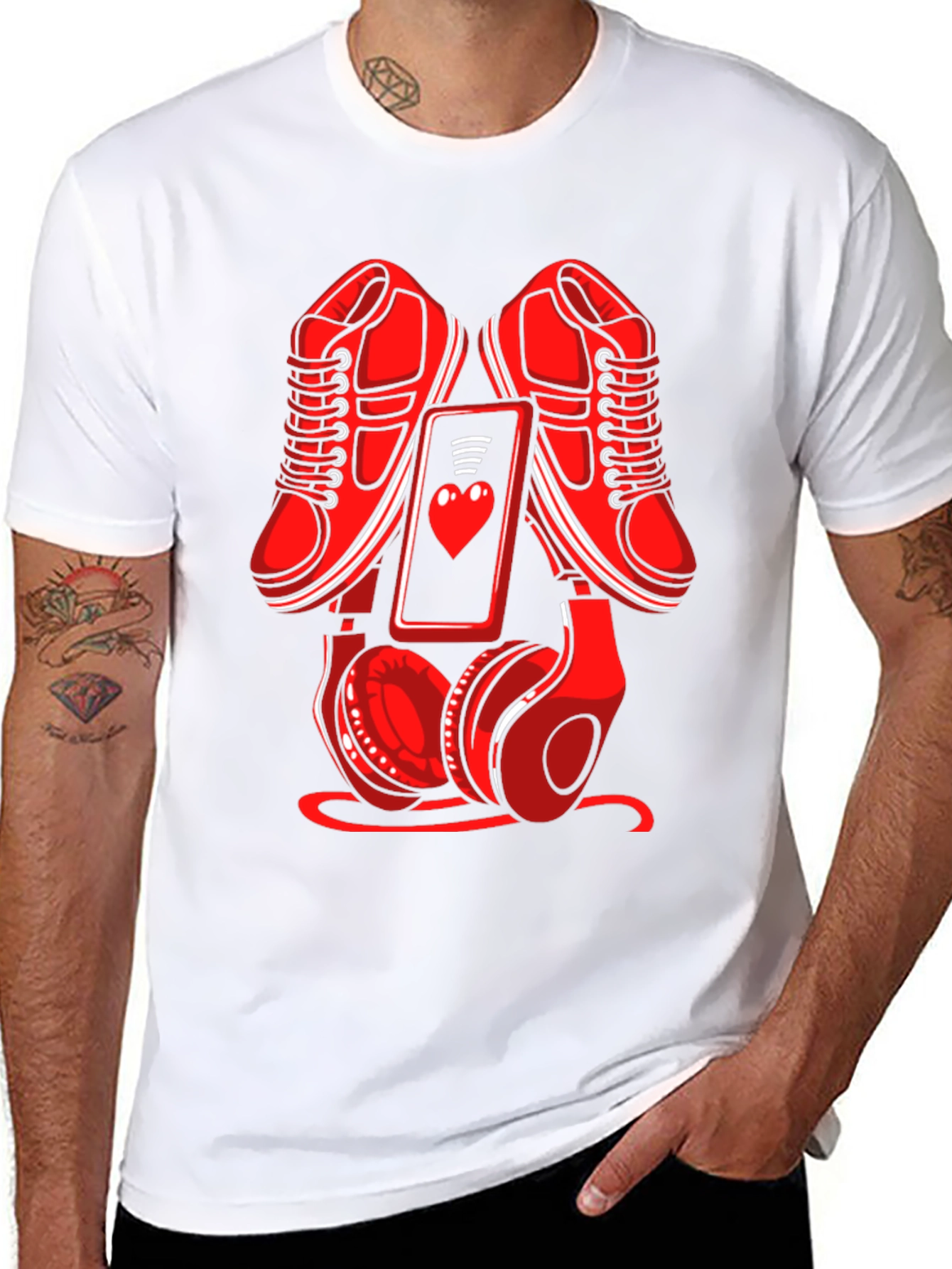 Black Red Sneakers, Phone & Headphones Graphic T-Shirt view 8