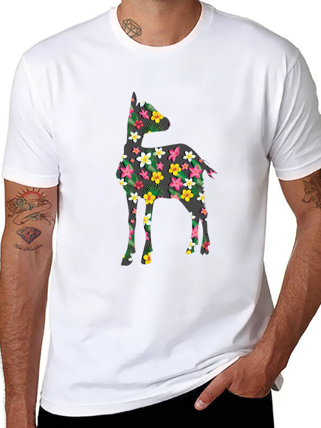 Black Floral Deer Print Black T-Shirt view 8