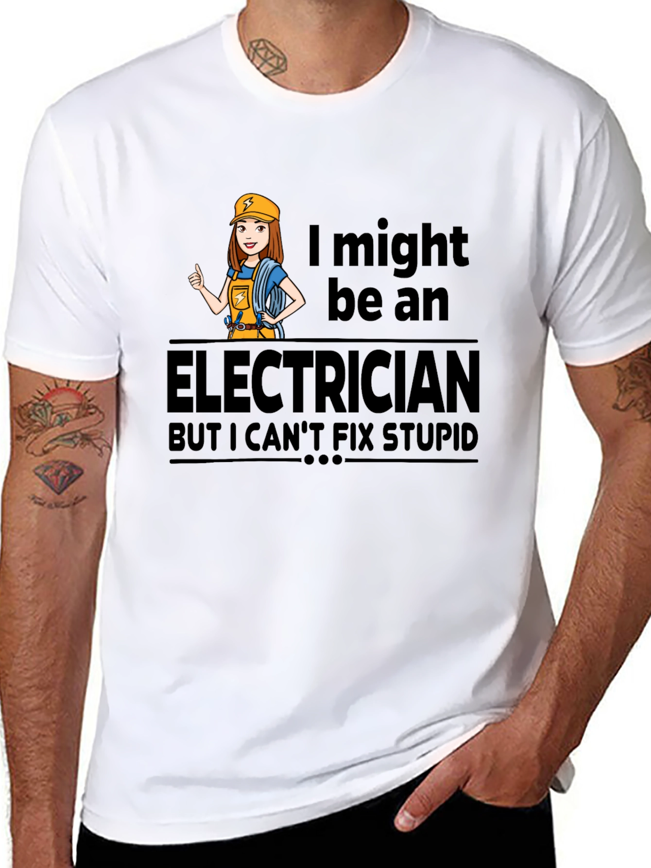 Black Electrician Humor T-Shirt - I Can't Fix Stupid view 8