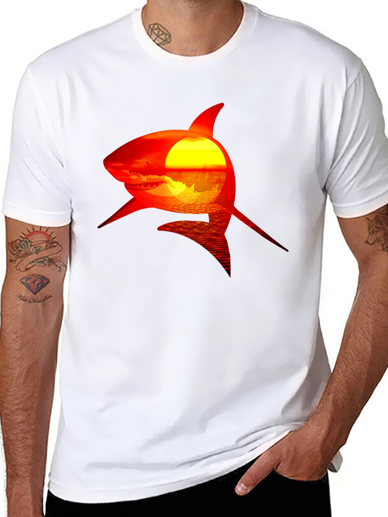 Black Shark Sunset Graphic Tee - Black Cotton T-Shirt view 8