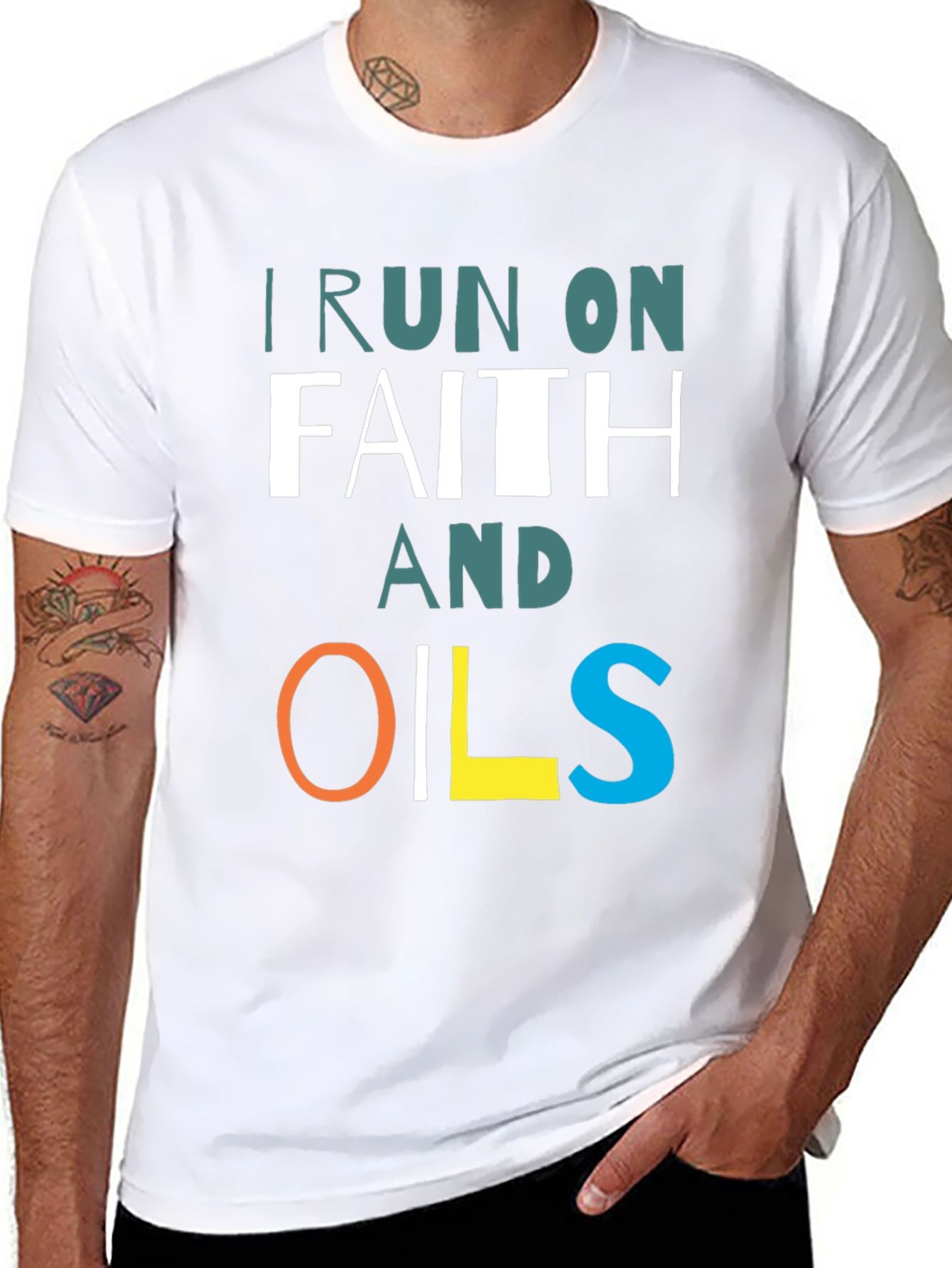 Black I Run on Faith and Oils T-Shirt view 8