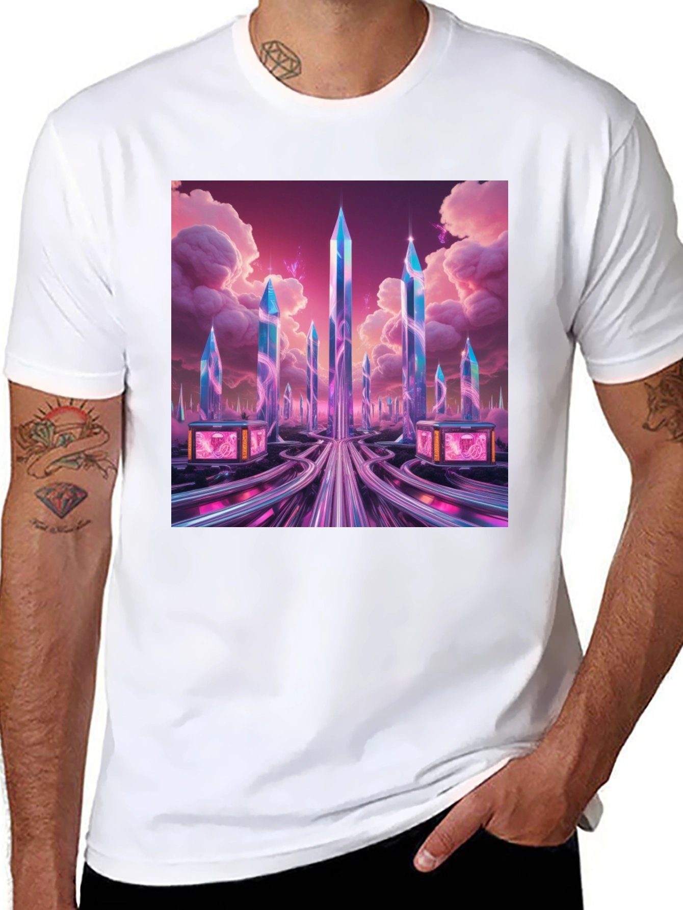 Black Futuristic Cityscape Graphic Tee view 8
