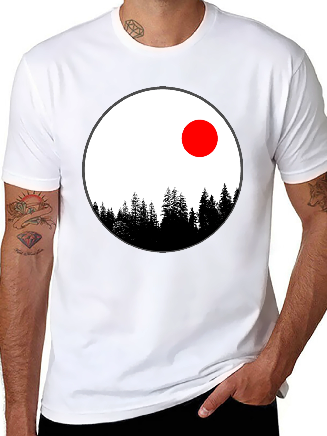 Nature Circle T-Shirt - Trees and Red Sun Design - 8