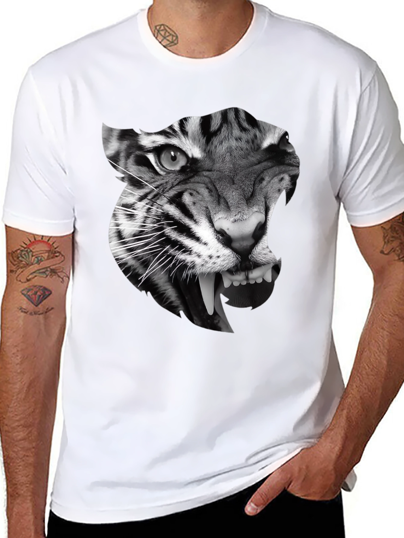 Black Men's Black T-Shirt with Tiger Graphic view 8