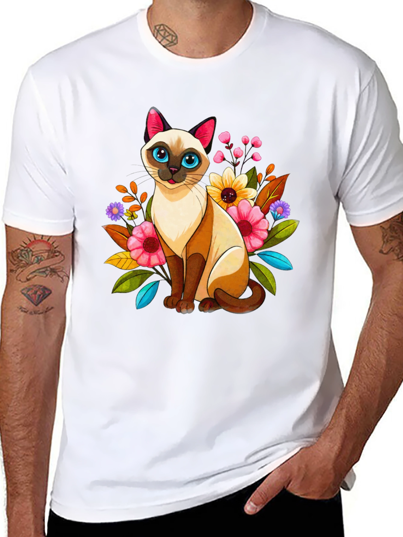 Black Floral Cat Graphic Tee - Unique Design view 8