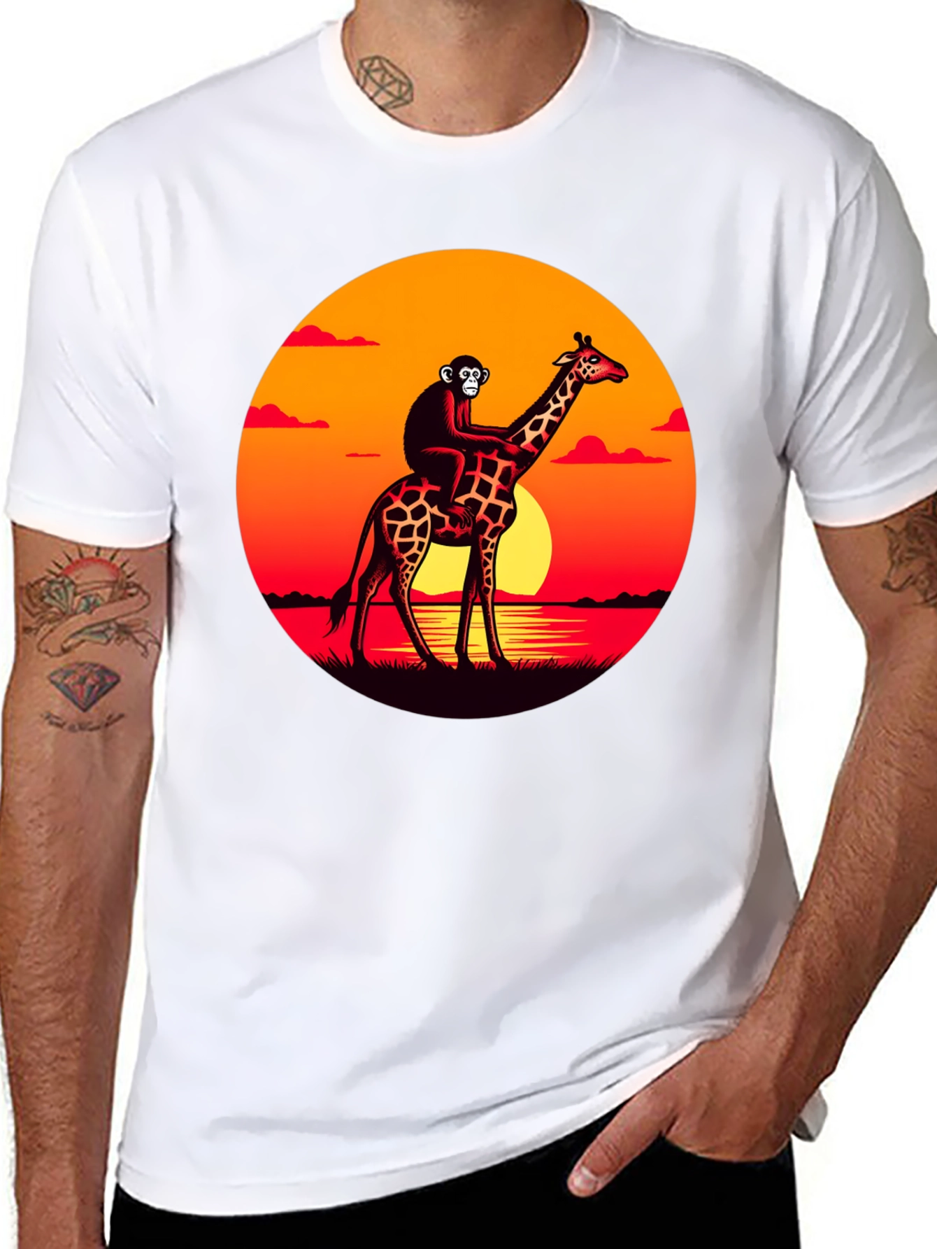 Black Monkey Riding Giraffe Sunset Graphic T-Shirt view 8